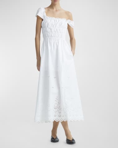 Altuzarra Lily Smocked Midi Dress with Eyelet Embroidery