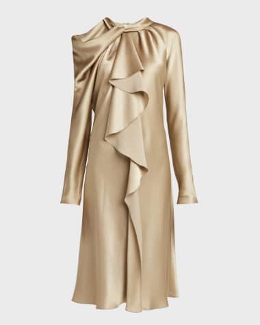 Alberta Ferretti Draped Ruffle Satin Long-Sleeve Dress