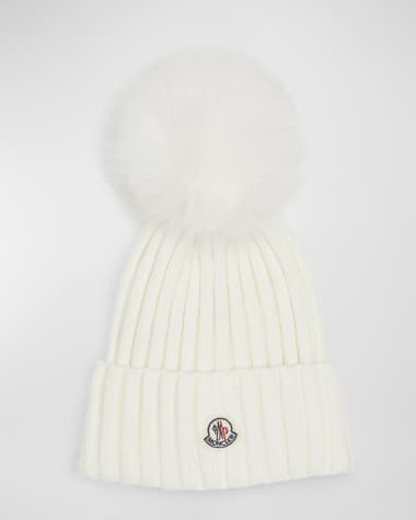 Moncler Ribbed Wool Beanie with Faux Fur Pom