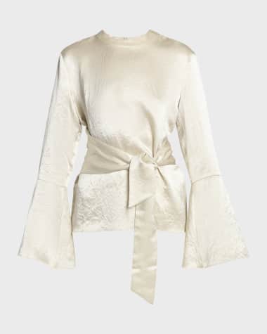 Nanushka Ilone Belted Long-Sleeve Satin Top