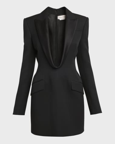 McQueen Plunging Strong-Shoulder Mini Evening Tuxedo Dress