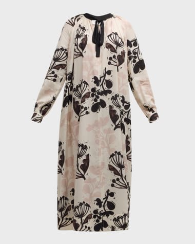 St. John Naive Flower-Print Jacquard Neck-Tie Maxi Dress
