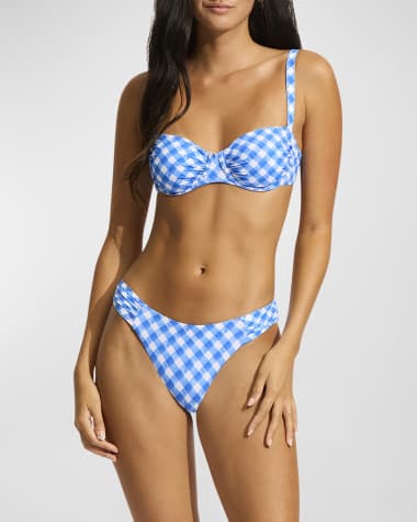 Seafolly Plaid High-Leg Ruched Bikini Bottoms