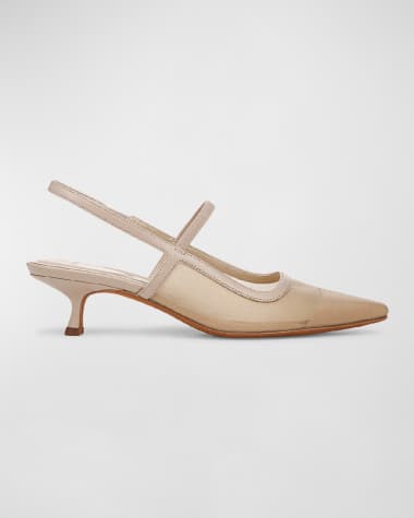 Vince Mesh Leather Kitten Slingback Pumps