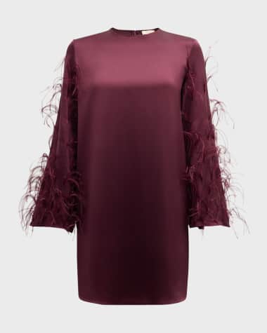 LAPOINTE Feather Long-Sleeve Satin Mini Shift Dress