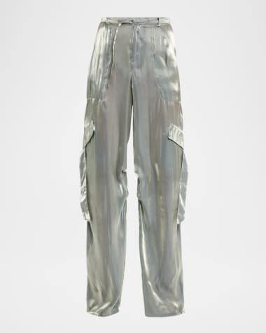LAPOINTE Metallic Organza Belted Straight-Leg Cargo Pants