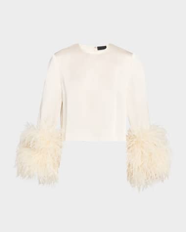 LAPOINTE Feather-Trim Long-Sleeve Crop Satin Top