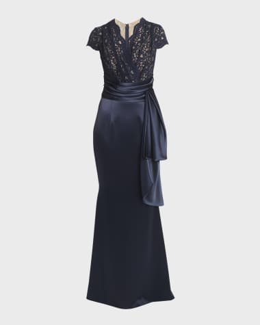 Talbot Runhof Mixed-Media Lace Satin Trumpet Gown
