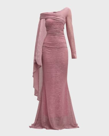 Talbot Runhof Metallic Voile Off-The-Shoulder Cape Gown
