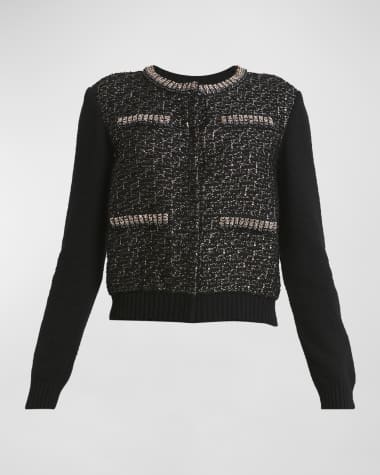 Giambattista Valli Metallic Tweed-Inset Crewneck Knit Cardigan