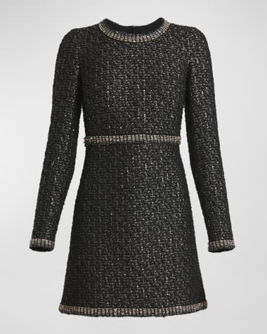 Giambattista Valli Metallic Paillette Tweed Long-Sleeve Mini Dress