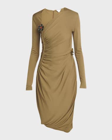 Bottega Veneta Flower-Applique Long-Sleeve Ruched Matte Crepe Viscose Jersey Dress