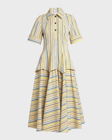 Bottega Veneta Optical Crinkle Check Short-Sleeve Midi Shirtdress