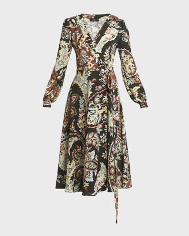 Etro Blossom-Print Long-Sleeve Midi Wrap Dress