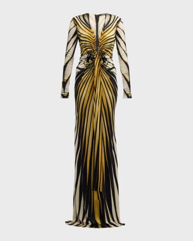 Roberto Cavalli Long Printed Knot-Front Gown