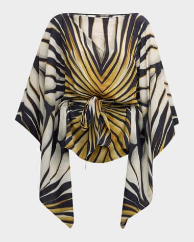 Roberto Cavalli Printed Boat-Neck Belted Caftan Top