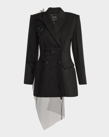 Huishan Zhang Atlas Beaded Tulle Draping Structured Wool Blazer