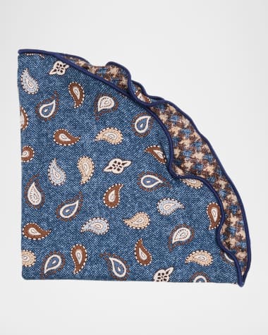 Edward Armah Men's Silk Reversible Houndstooth and Paisley Pocket Round