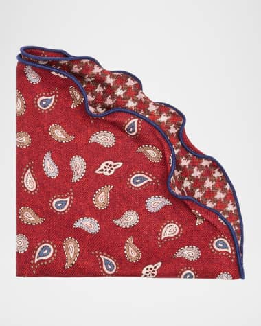 Edward Armah Men's Silk Reversible Houndstooth and Paisley Pocket Round