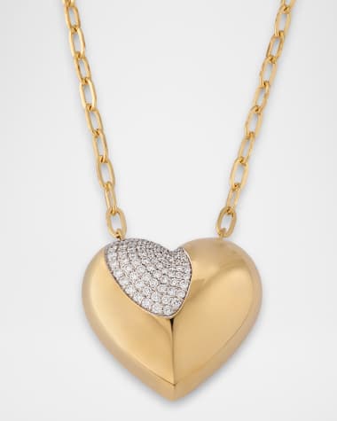 Kastel Jewelry 14K Yellow Gold Large Puffy Heart Necklace with Diamonds, 18"L