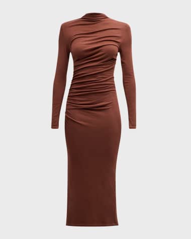 Enza Costa Silk Knit Long-Sleeve Midi Dress