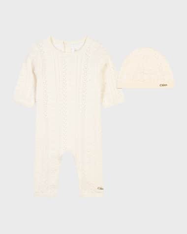 Chloe Girl's Knitted Coverall & Hat W/ Gold Plated Logo, Size 6M-12M