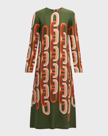La DoubleJ Printed Long-Sleeve Midi Swing Dress