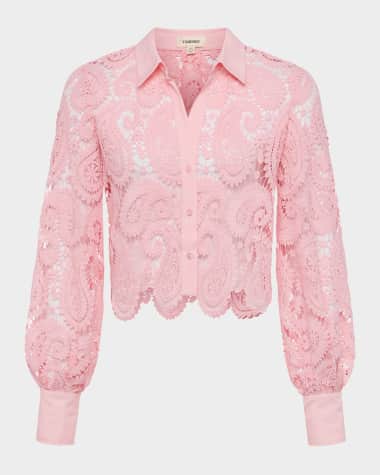 L'Agence Odelia Paisley Lace Cropped Button-Front Blouse