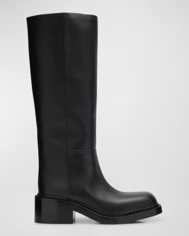 Prada Leather Square-Toe Tall Moto Boots