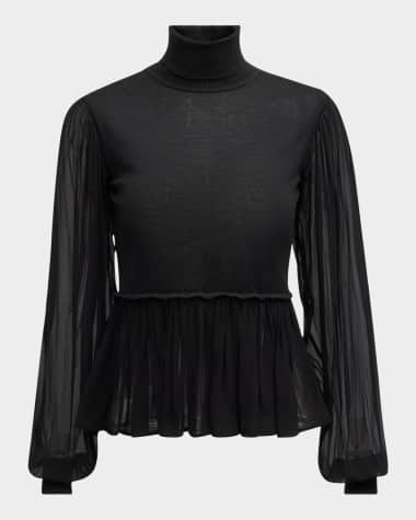 Ulla Johnson Liana Sheer-Sleeve Wool and Silk Combo Turtleneck Top