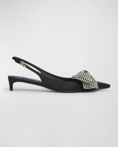 Dolce&Gabbana Satin Crystal Bow Kitten Slingback Pumps