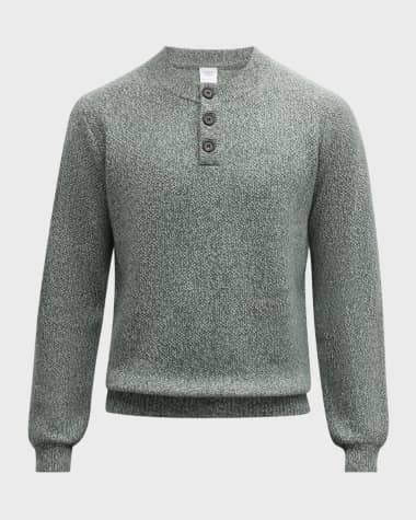 Neiman Marcus Men's Marled Button Crewneck Sweater