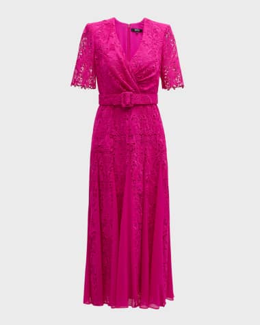 Badgley Mischka Collection Belted Lace Godet Midi Dress