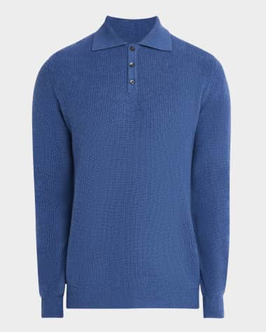 Neiman Marcus Men's Ribbed Wool-Cashmere Polo Sweater
