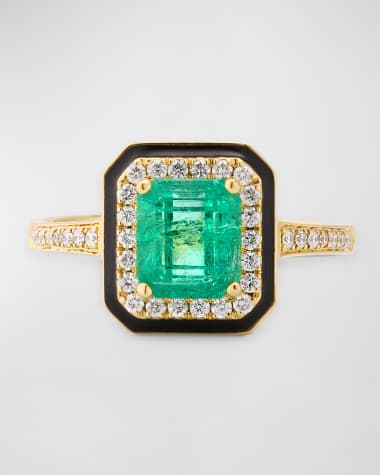 Goshwara 18K G-One Emerald Statement Ring with Diamonds and Black Enamel