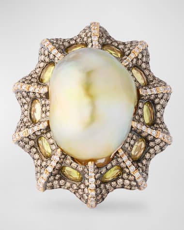 Belpearl 18K Rose Gold 22mm Baroque Pearl, Diamond and Yellow Sapphire Ring, Size 7
