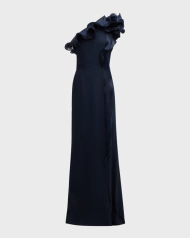 Rickie Freeman for Teri Jon One-Shoulder Ruffle Column Gown