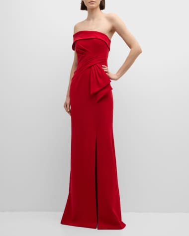 Rickie Freeman for Teri Jon Pleated Off-Shoulder Stretch Crepe Gown