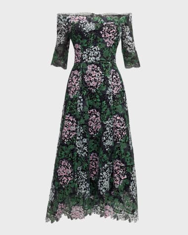 Rickie Freeman for Teri Jon Off-Shoulder Floral Lace Midi Dress