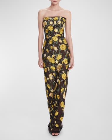 Marchesa Notte Strapless Floral-Embroidered Column Gown