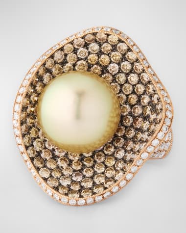 Belpearl 18K Rose Gold 12mm Golden South Sea Pearl and Diamond Ring, Size 7