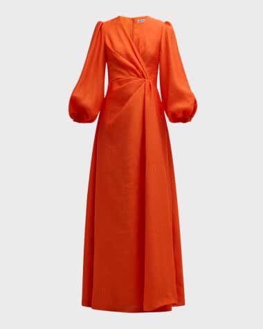 E.Stott Eden Pleated Blouson-Sleeve Jacquard Gown