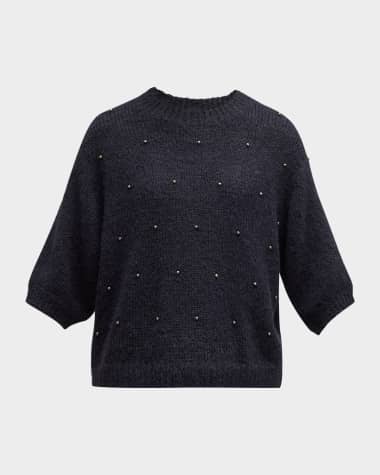 Brunello Cucinelli Studded Short-Sleeve Alpaca Wool Mock-Neck Sweater