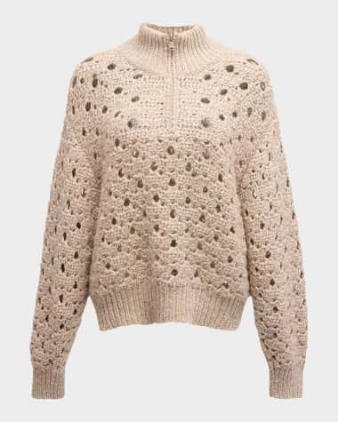 Brunello Cucinelli Paillette Round Open-Weave Cashmere Quarter-Zip Sweater