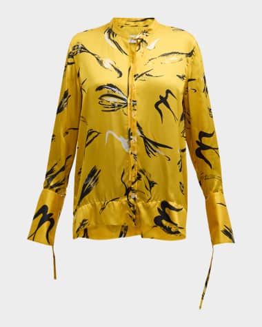Rosetta Getty Painted Birds Button Down Silk Blouse