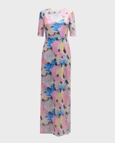 Rosetta Getty Painted Floral Stitch Mesh Sequined Column Gown