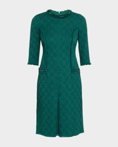 Rickie Freeman for Teri Jon Fringe-Trim Stretch Boucle Dress