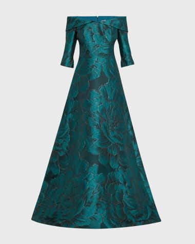 Rickie Freeman for Teri Jon Off-Shoulder Floral Jacquard Gown