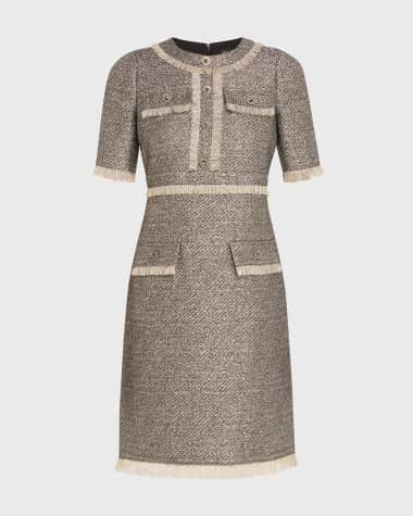 Rickie Freeman for Teri Jon Fringe-Trim Metallic Tweed Dress