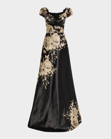 Rickie Freeman for Teri Jon Cap-Sleeve Floral Metallic Jacquard Gown